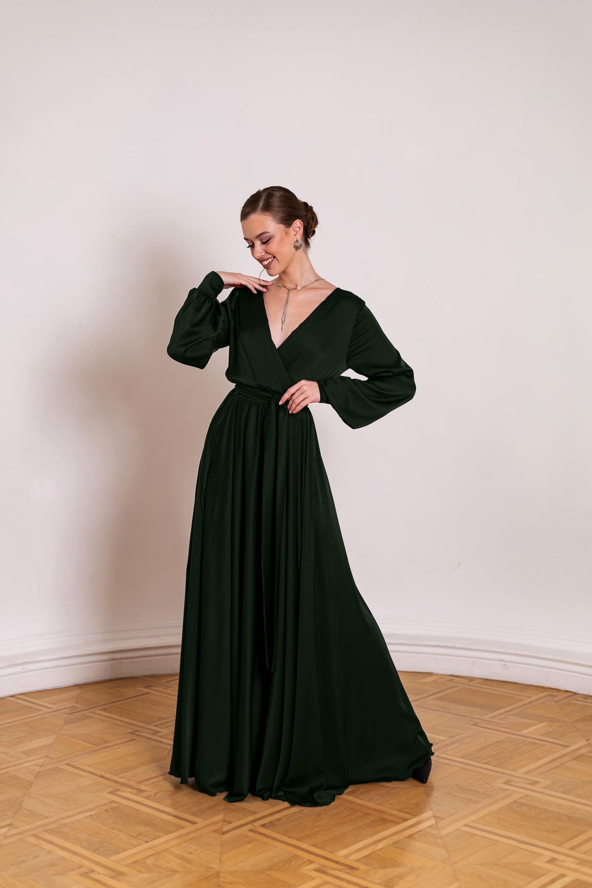 Nadia Olive Satin Open-Back Maxi Dress — view 3