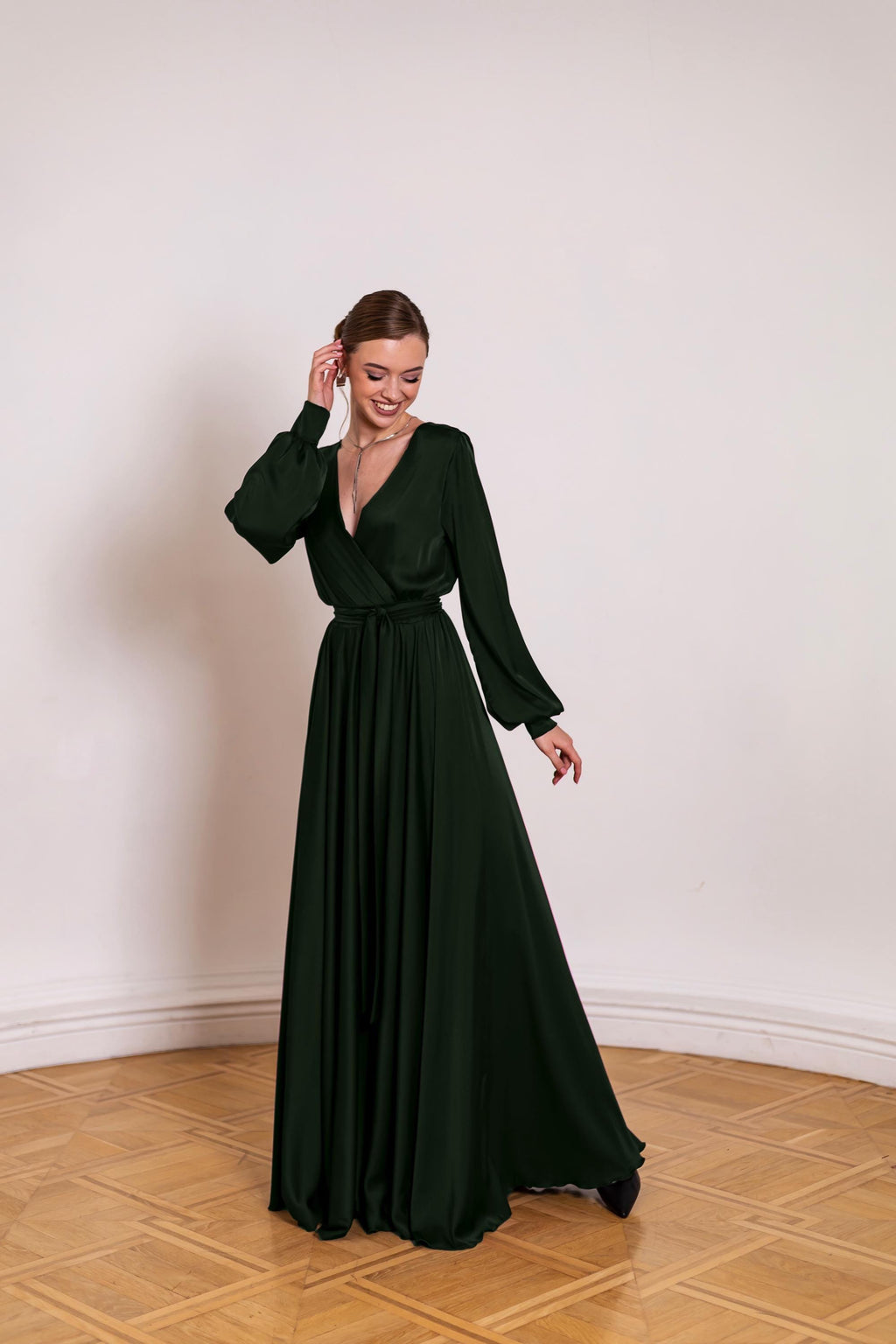 Nadia Olive Satin Open-Back Maxi Dress — view 4