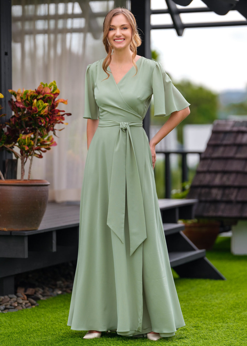 Neve Sage Chiffon Wrap Midi Dress — view 2