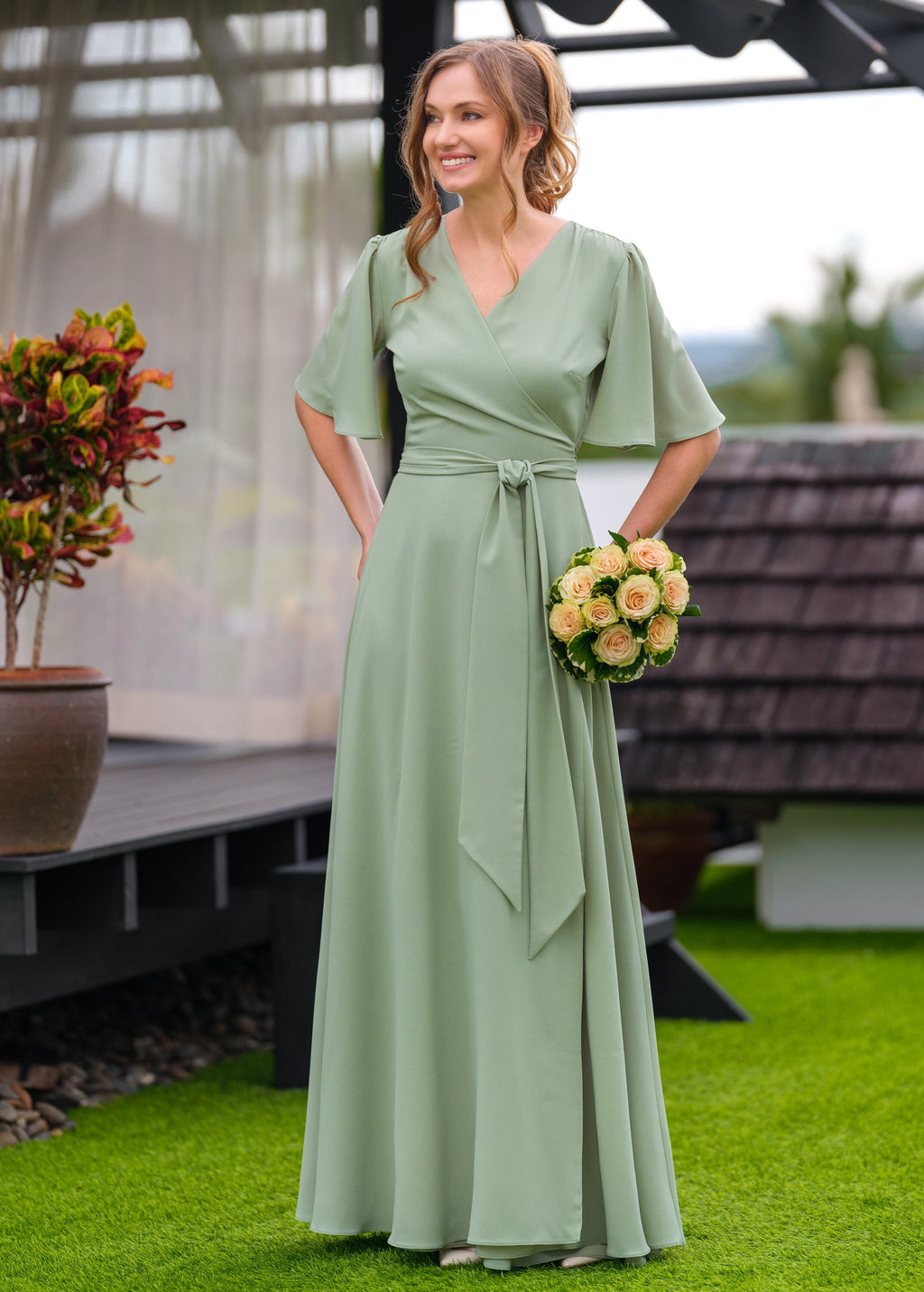 Neve Sage Chiffon Wrap Midi Dress — view 3