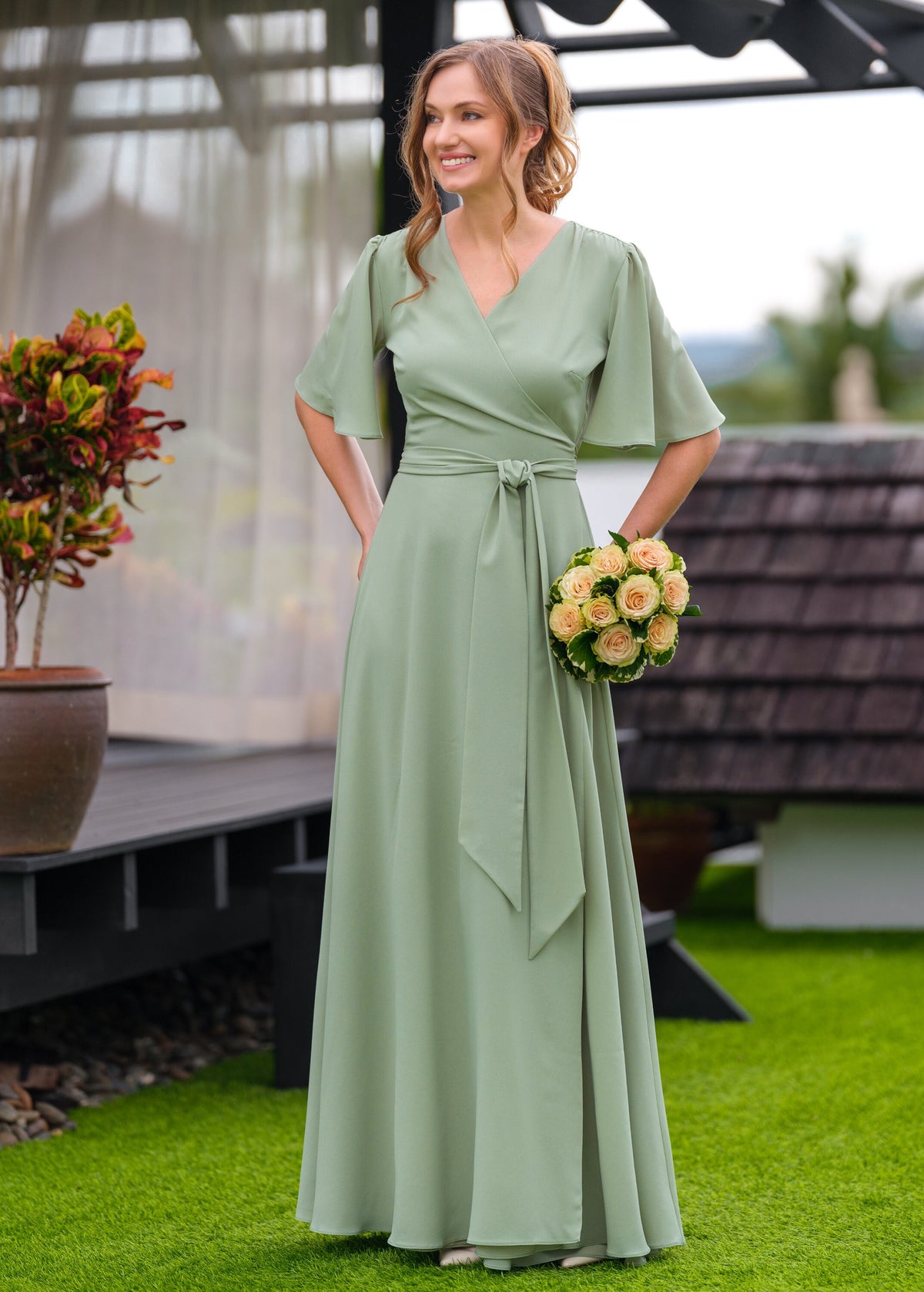 Neve Sage Chiffon Wrap Midi Dress — view 3