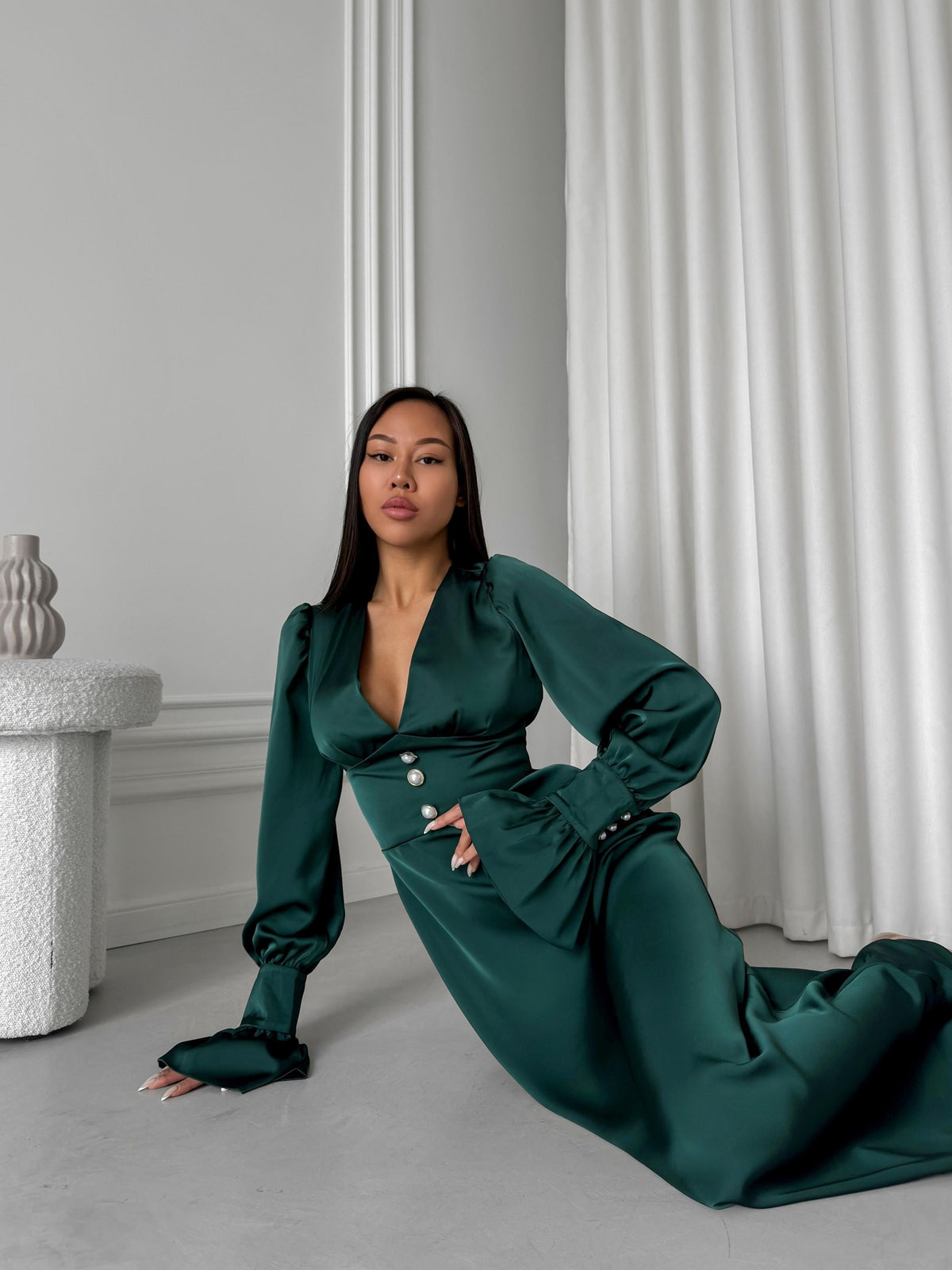 Ottilie Emerald Satin Maxi Dress — view 2