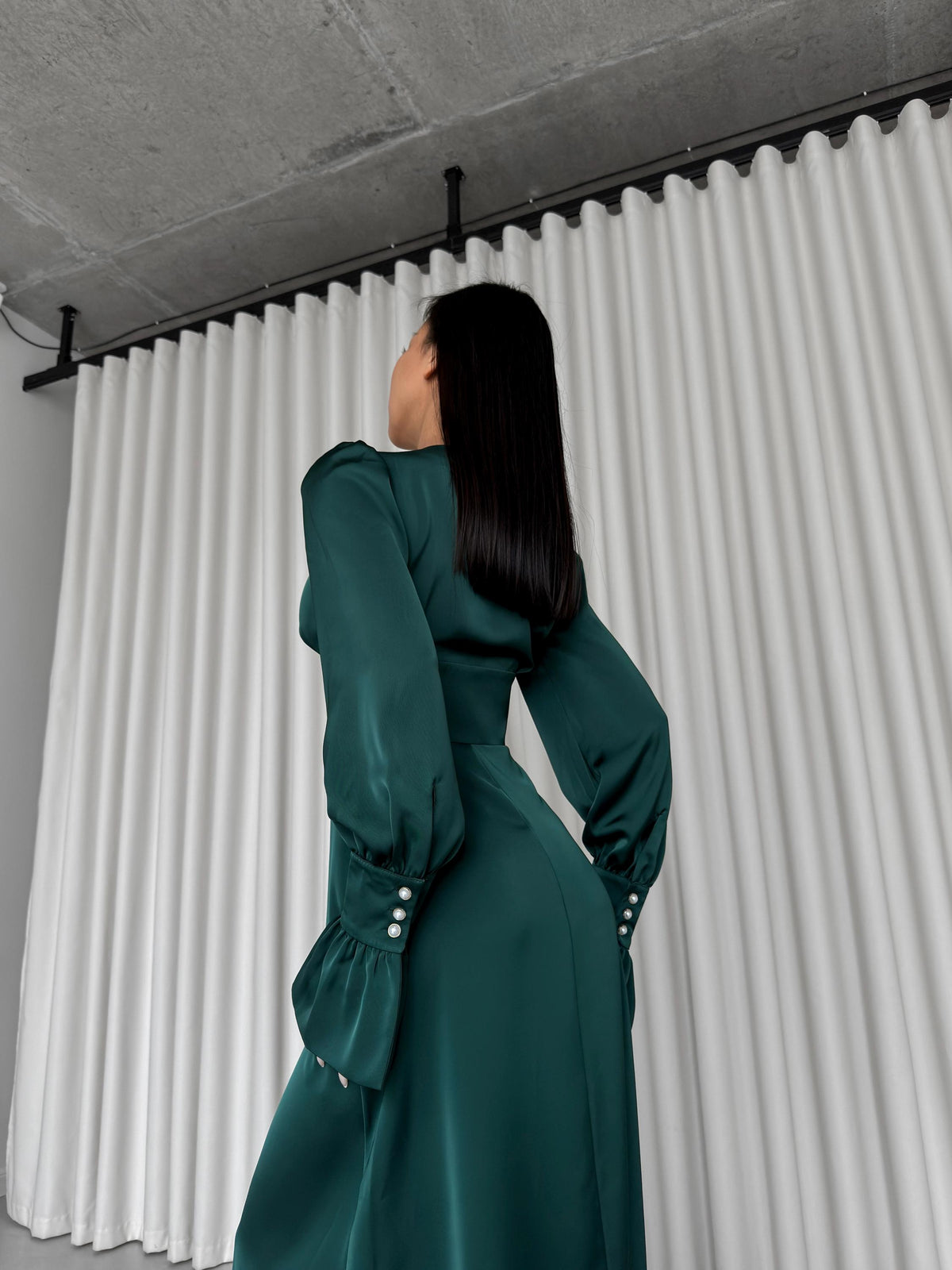 Ottilie Emerald Satin Maxi Dress — view 3