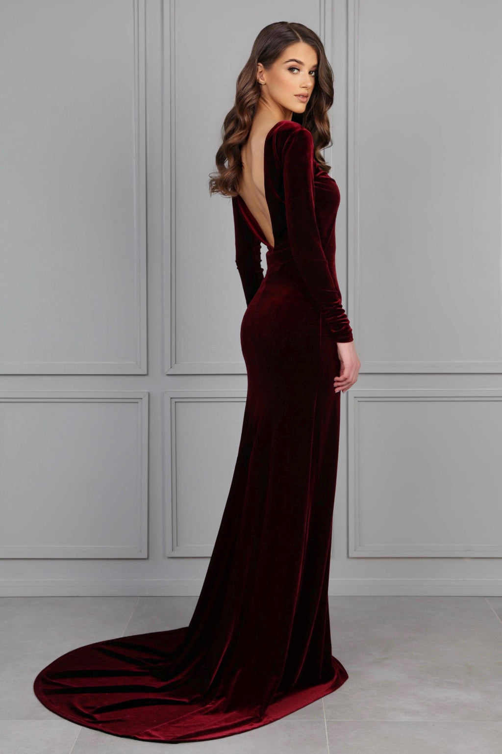 Carmen Burgundy Velvet Open-Back Maxi Dress — view 6