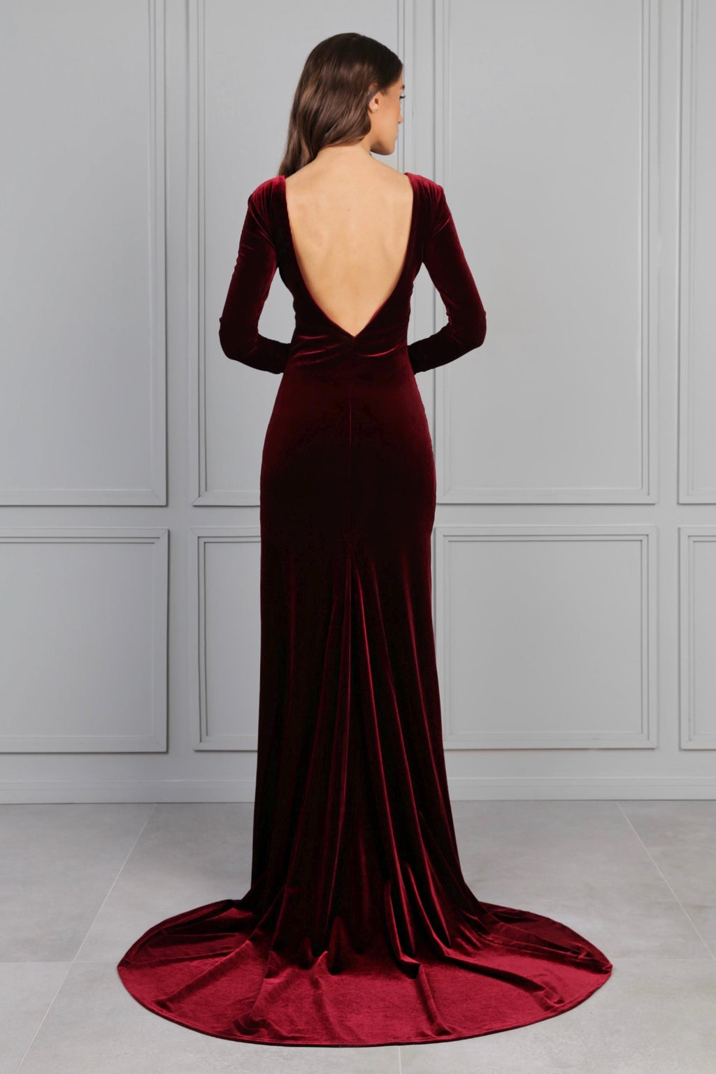 Carmen Burgundy Velvet Open-Back Maxi Dress — view 3