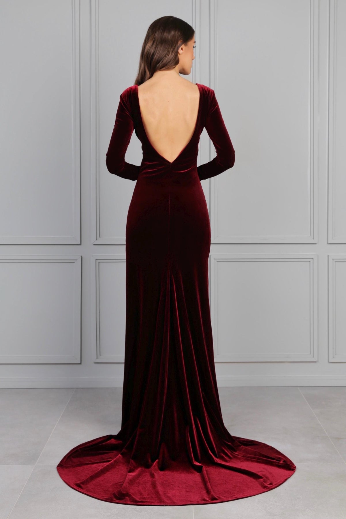 Carmen Burgundy Velvet Open-Back Maxi Dress — view 3
