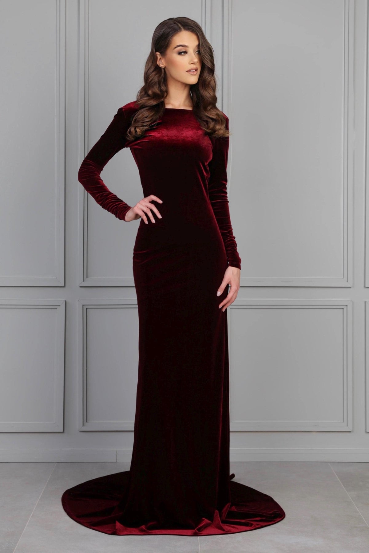 Carmen Burgundy Velvet Open-Back Maxi Dress — view 5