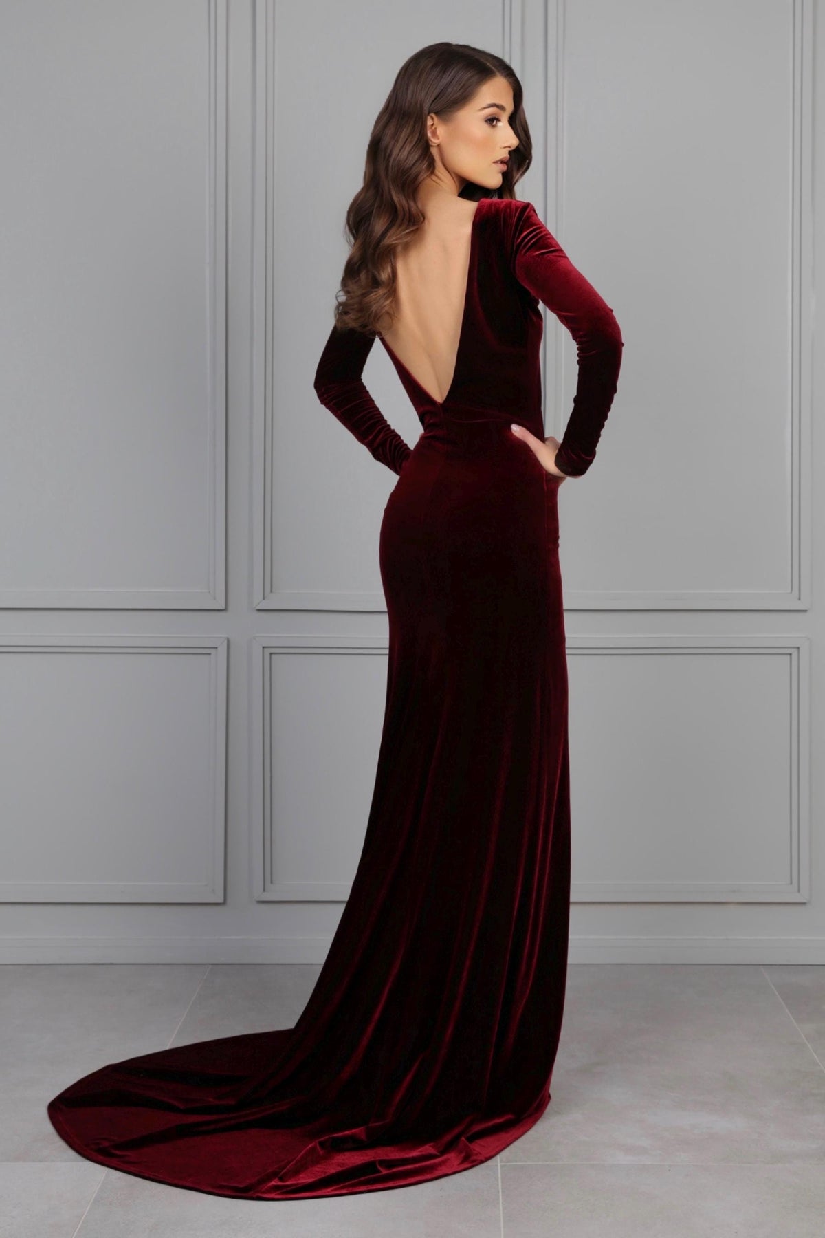 Carmen Burgundy Velvet Open-Back Maxi Dress — view 4