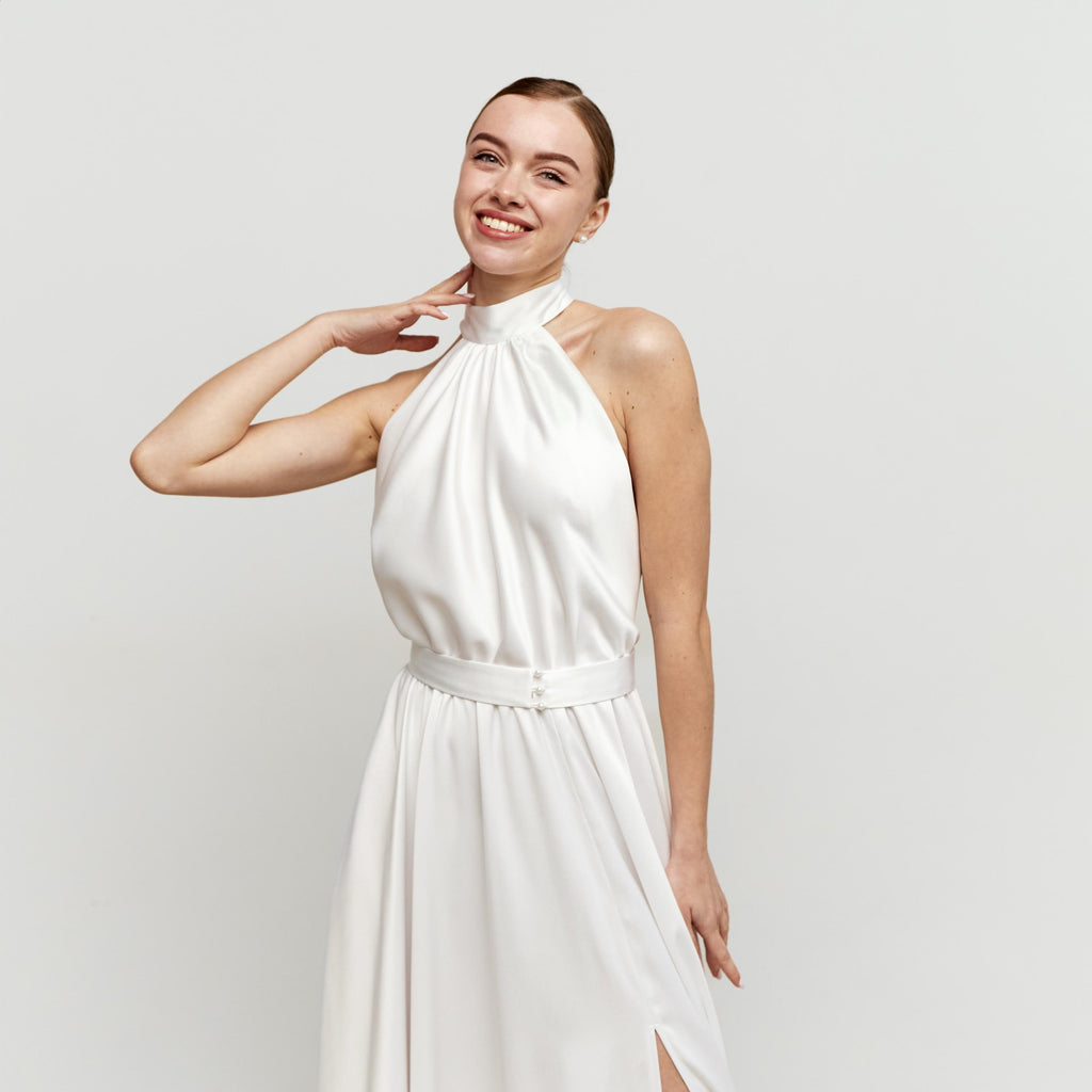 Ava White Satin Halter Midi Dress — view 2