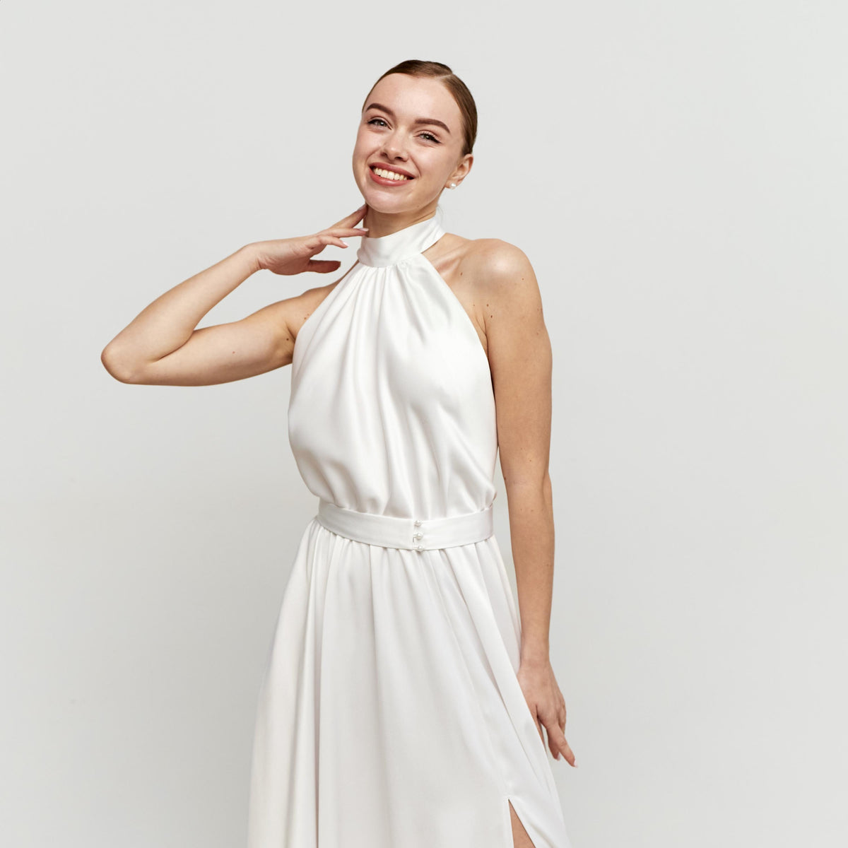 Ava White Satin Halter Midi Dress — view 2