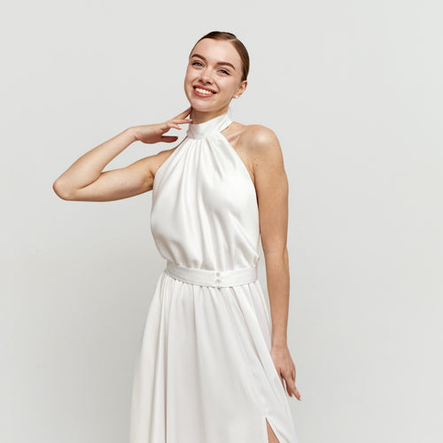 Ava White Satin Halter Midi Dress — Occasions by Paulette