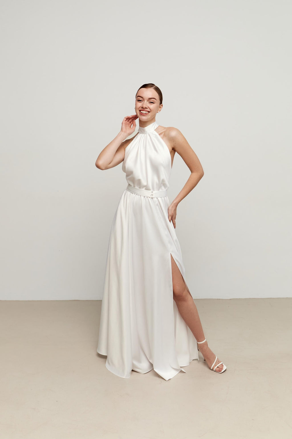 Ava White Satin Halter Midi Dress — view 5