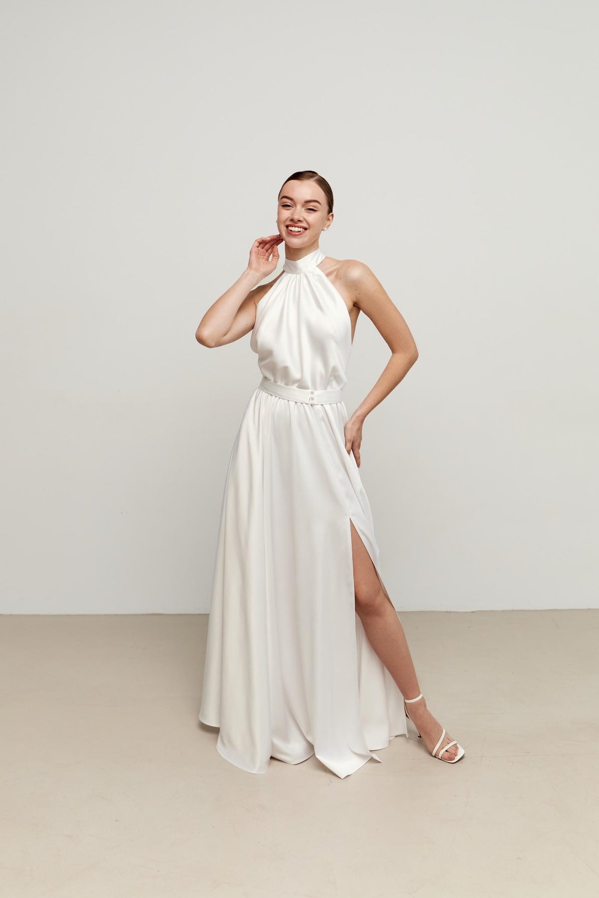 Ava White Satin Halter Midi Dress — view 5
