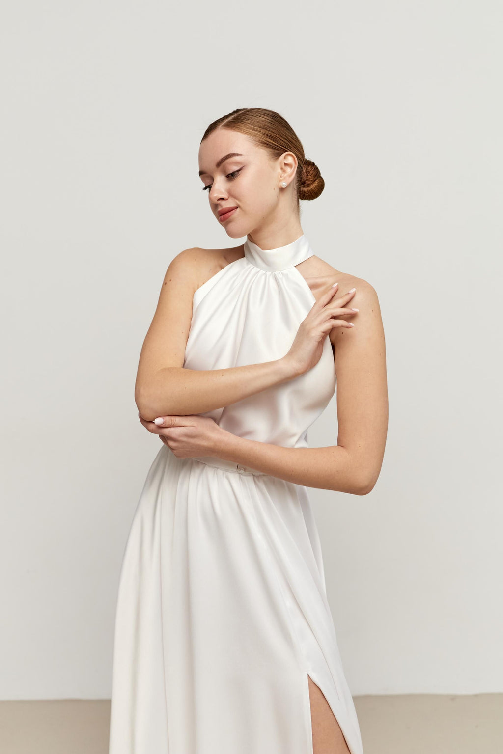 Ava White Satin Halter Midi Dress — view 3