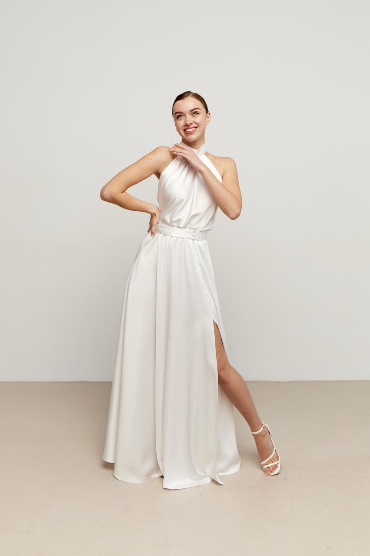Ava White Satin Halter Midi Dress — view 6