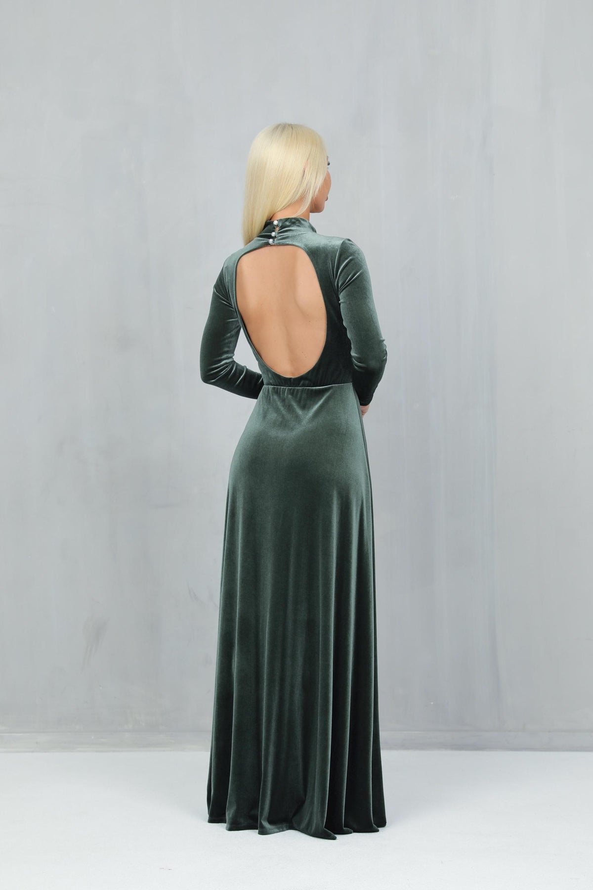 Jade Sage Velvet Open-Back Maxi Dress — view 3