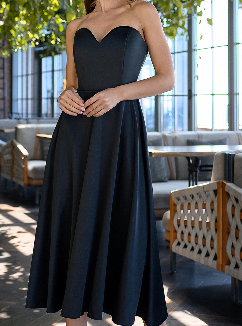 Inez Navy Satin Midi Dress — view 5