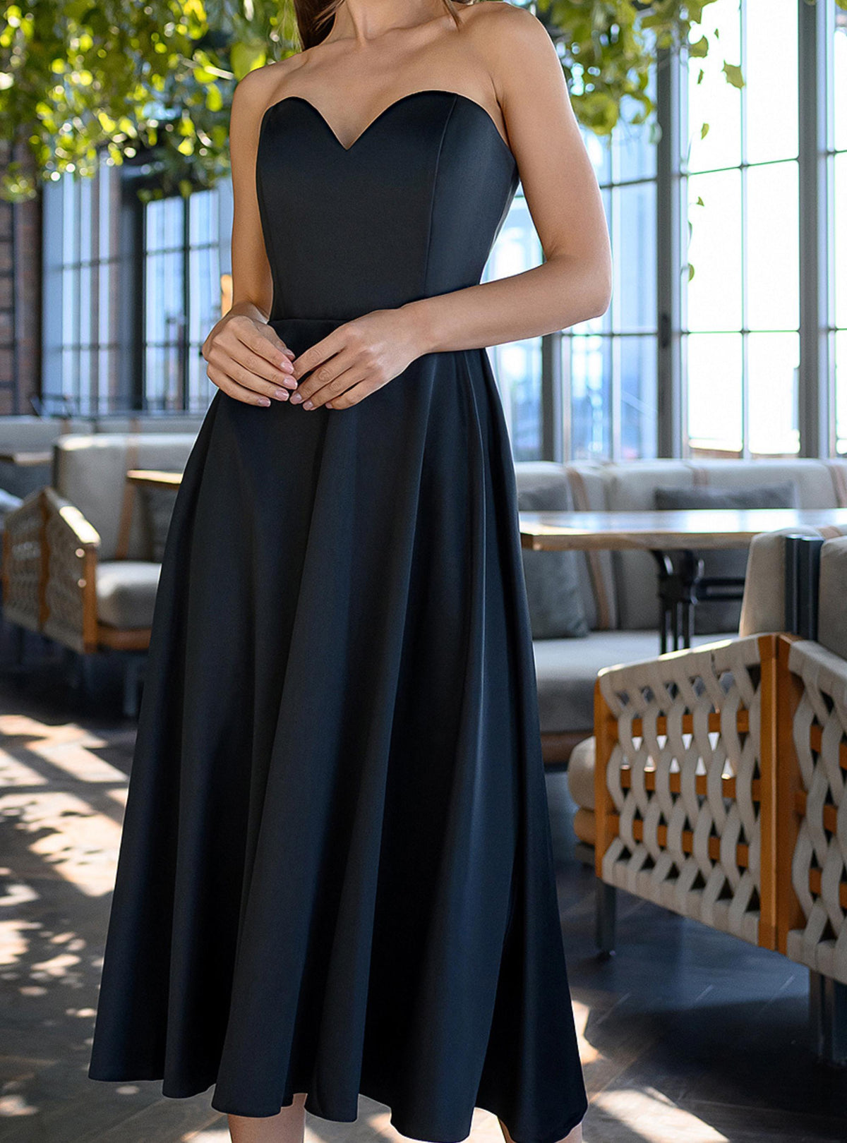 Inez Navy Satin Midi Dress — view 5