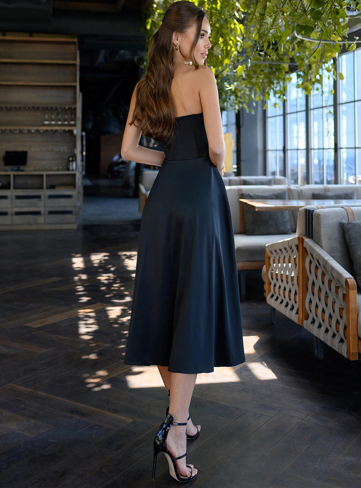 Inez Navy Satin Midi Dress — view 3