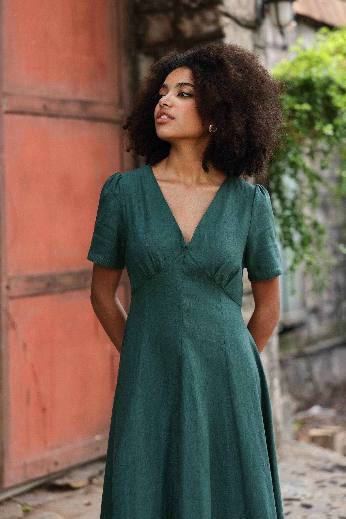 Yara Green Linen Midi Dress — view 3
