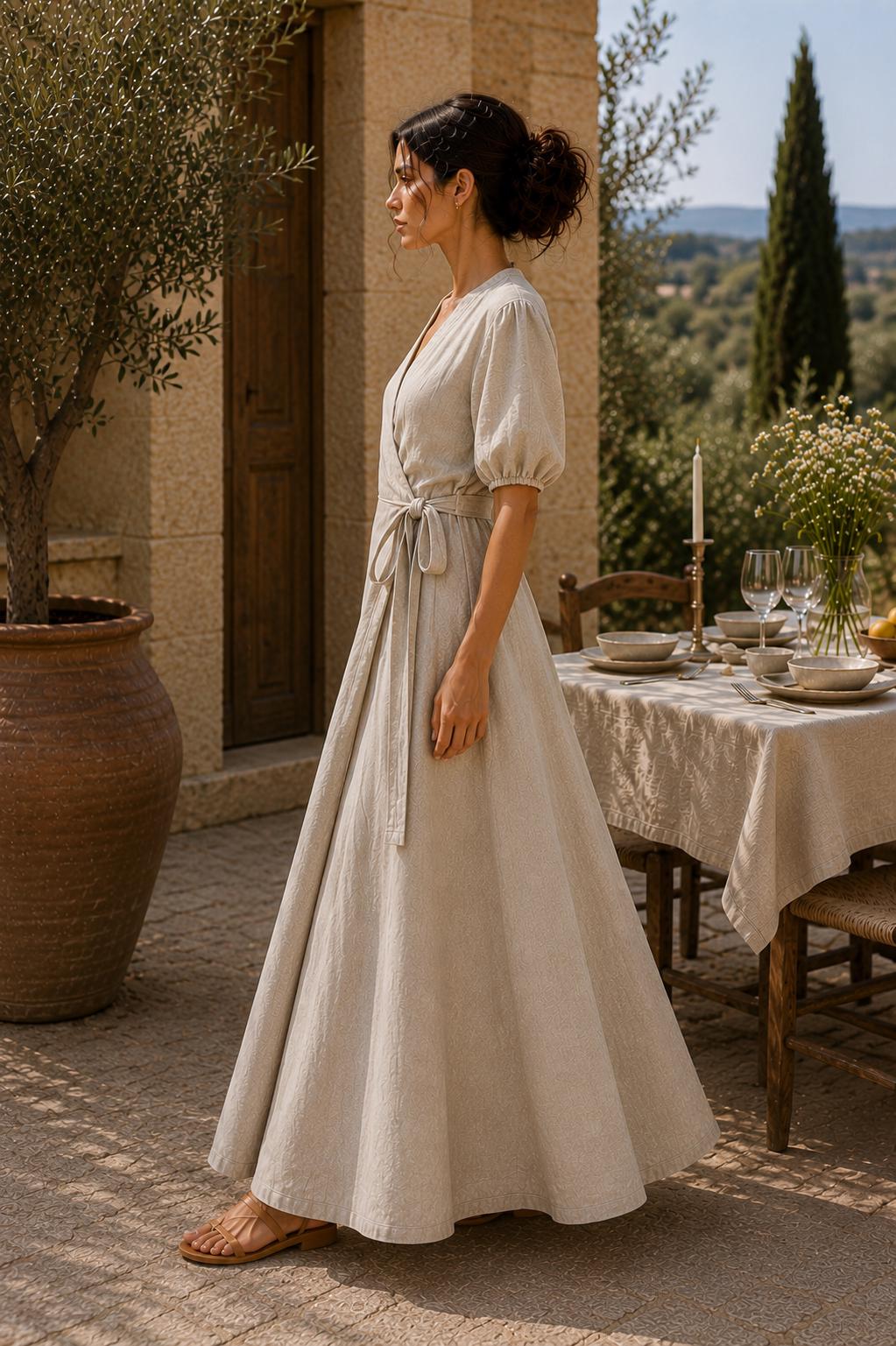 Ivy Beige Linen Wrap Midi Dress — view 3