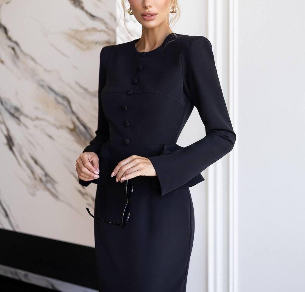 Fern Black Peplum Midi Dress — view 4