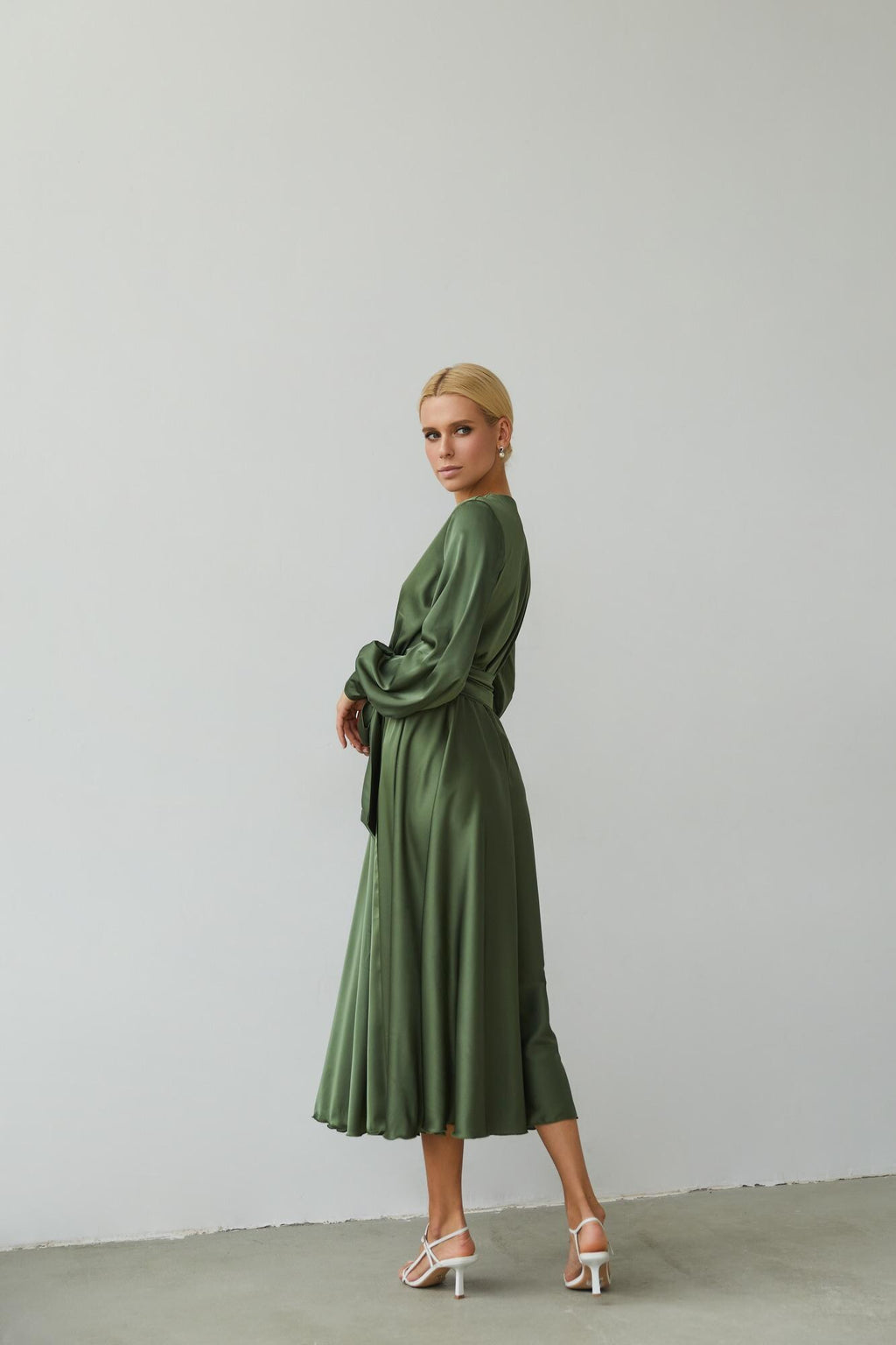 Orla Olive Satin Wrap Midi Dress — view 2