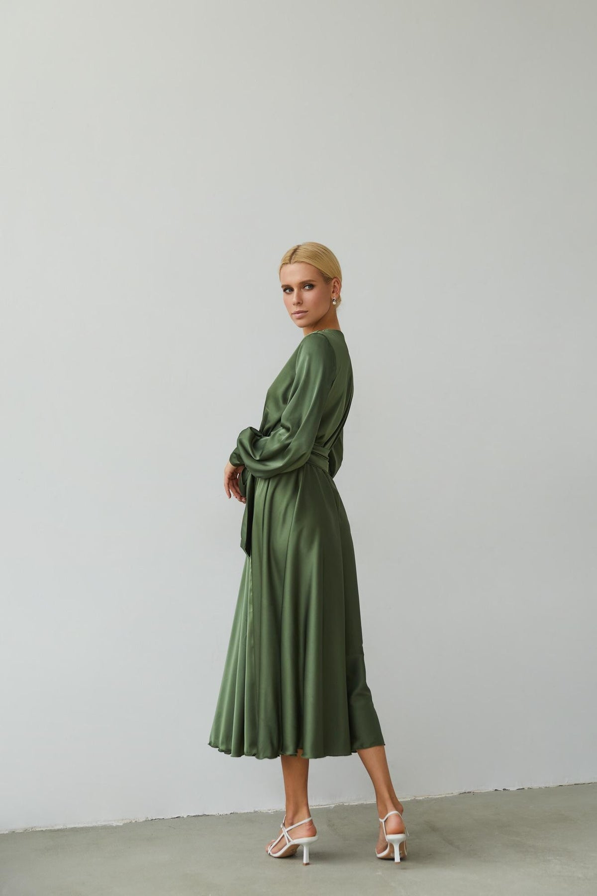 Orla Olive Satin Wrap Midi Dress — view 2