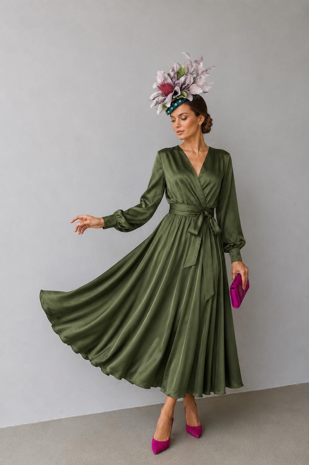 Orla Olive Satin Wrap Midi Dress — Occasions by Paulette