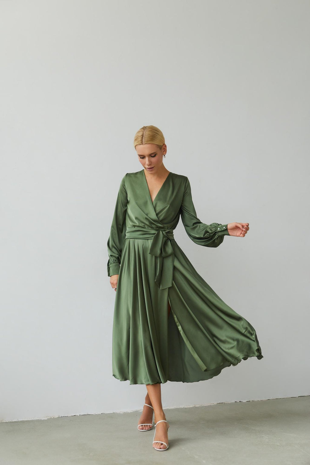 Orla Olive Satin Wrap Midi Dress — view 3