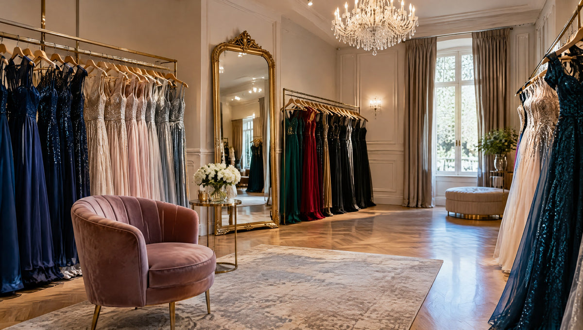 Elegant dress boutique with rails of evening gowns