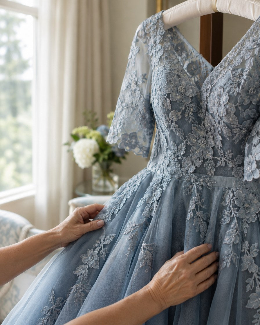 Lace mother-of-the-bride dress on a padded hanger