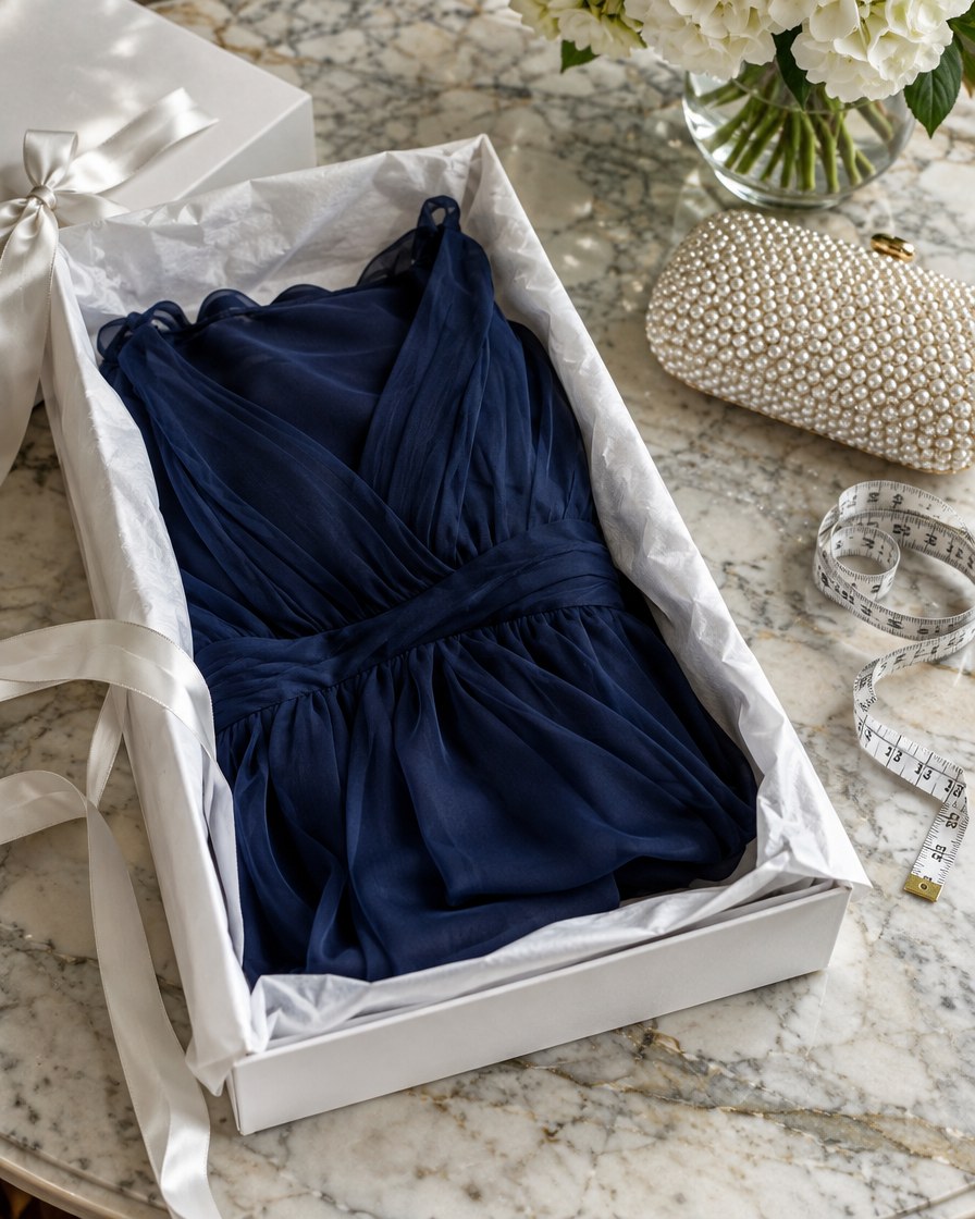 Occasion dress wrapped in tissue in a gift box
