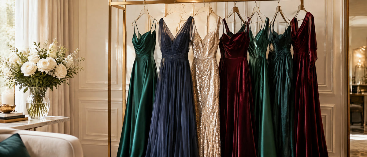 Rail of evening gowns and occasion dresses at Special Occasions By Paulette