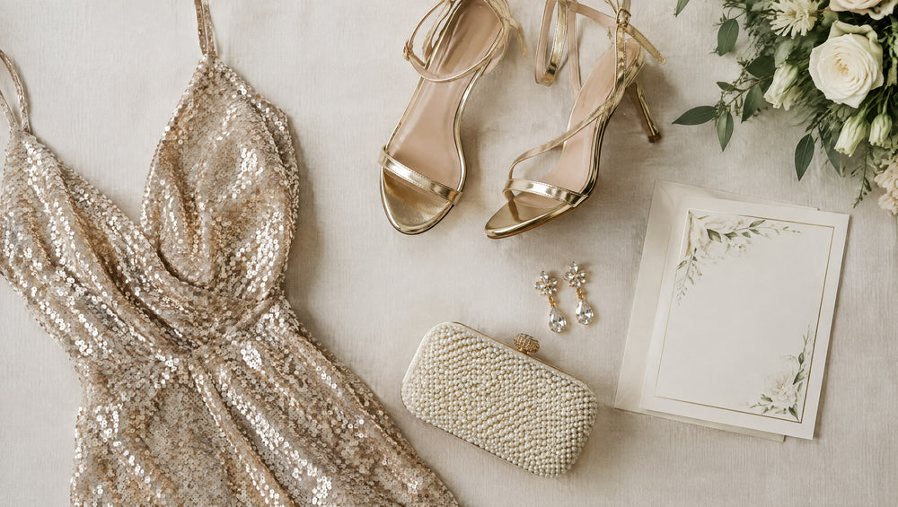 Flat lay of a sequin dress, heels, a clutch and jewelry